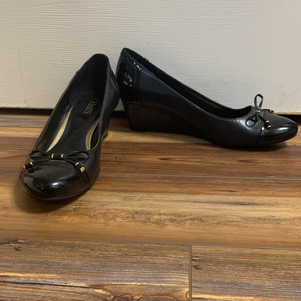 Chaps Black Wedge Shoes with Gold Accents